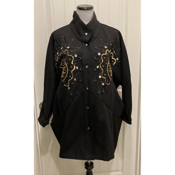 Vtg Pado California Oversize Jeweled Black Denim Jacket Batwing SZ M 90’s - Picture 1 of 15
